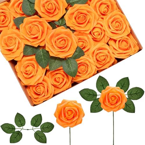InnoGear Artificial Flowers, 50 Pcs Orange Rose Foam Fake Roses Bulk with Stems for Autumn Fall Decoration DIY Wedding Bouquets Centerpieces Bridal Shower Party Christmas Tree by InnoGear