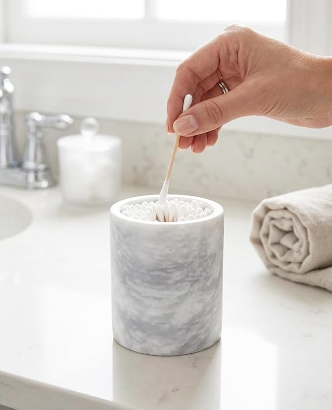 Marble Q-Tip Holder for Bathroom, White Cotton Swab Dispenser, Luxury Bathroom Accessories Countertop Organizer for Cotton Balls & Cotton Rounds, Bathroom Counter Storage Canister
