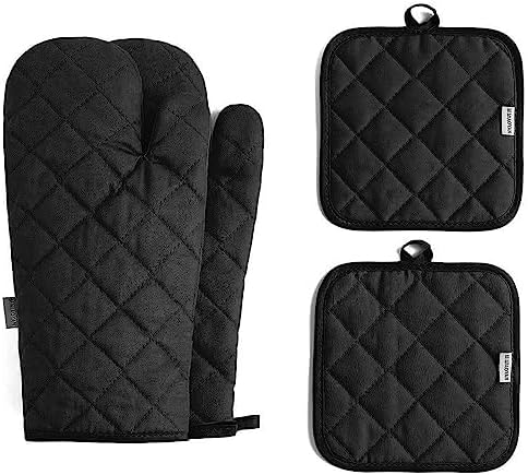 Oven Mitts and Pot Holders 4 pcs Set,High Heat Resistant 500 Degree Extra Thicken Long Kitchen Cotton Oven Glove for Cooking (12 Inch,Black) by M+MIAOYAN