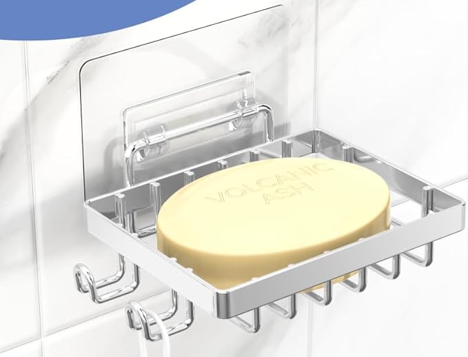 Moforoco Stainless Steel Soap Bar Holder for Shower, No Drilling Bathroom Accessories, Wall Mounted Soap Holder with Hooks, Shower Rack Tray Bar for Suitable for Bathroom, Kitchen Sink