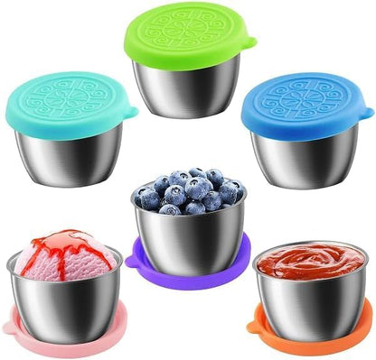 Showvigor 6-Pack 2.4oz Thickening Stainless Steel Salad Dressing Cups with Leakproof Lids | Reusable Sauce Containers for Lunch Box, Travel, Picnics & Kitchen Storage Dishwasher Safe & Eco-Friendly