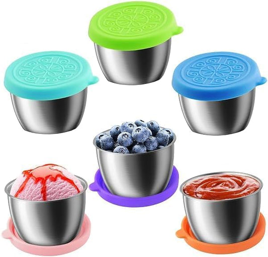 Showvigor 6-Pack 2.4oz Thickening Stainless Steel Salad Dressing Cups with Leakproof Lids | Reusable Sauce Containers for Lunch Box, Travel, Picnics & Kitchen Storage Dishwasher Safe & Eco-Friendly