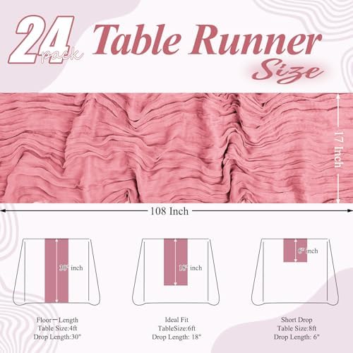 24 Pack Dusty Rose Cheesecloth Table Runner 17x108 Inch Gauze Table Runners, Semi Sheer Boho Cheese Cloth Fabric Table Runner for Wedding Party Baby Shower Bridal Shower Home Decoration - Image 2