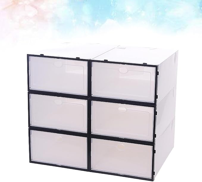 Luxshiny 6pcs Thickened Plastic Shoes Storage Boxes with Black Frame, Stackable Shoe Containers for Men’s Footwear Organization and Closet Storage
