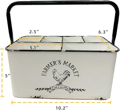 Distressed White Rustic Metal Silverware Caddy Utensil Holder with 6 Compartments & Napkin Slot – Portable for Parties, Picnics, Countertop & Kitchen