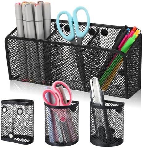 4 Pack Magnetic Pencil Holder for Whiteboard - Multi-Compartment Magnet Pen Holder Storage Basket Organizer for Locker, Refrigerator, Classroom & Office Supplies (Black) by Tolare