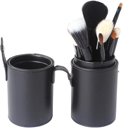 UPSTORE Portable Makeup Brush Case Black PU Leather Cosmetic Makeup Brush Holder Organizer for Short Brushes Cylindrical Design with Snap Closure 9 x 3.1 inch
