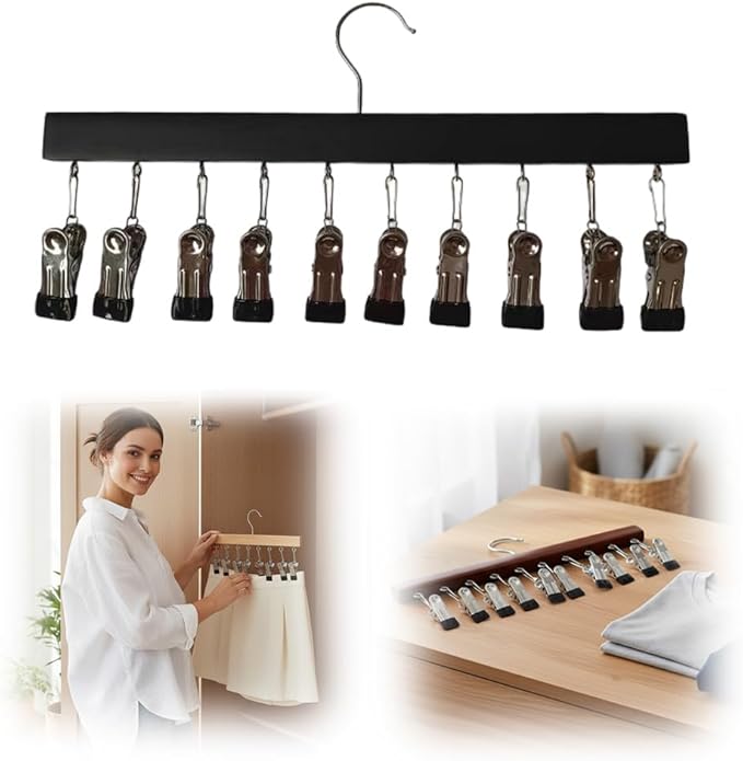 Legging Organizer for Closet, 2026 New Pants Hangers with 10 Clips, Space-Saving Clothes and Hat Storage Hook, Hanging Closet Organizer Hanger Clips for Skirts, Shorts, Trousers, Socks (Black)