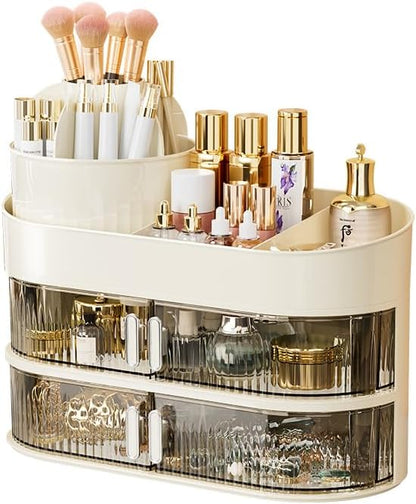 Makeup Organizer for Vanity 360 Rotating Brush Holder Cosmetic Storage with Dustproof Drawer Large Countertop Skincare Display Case for Jewelry Perfume Lotions