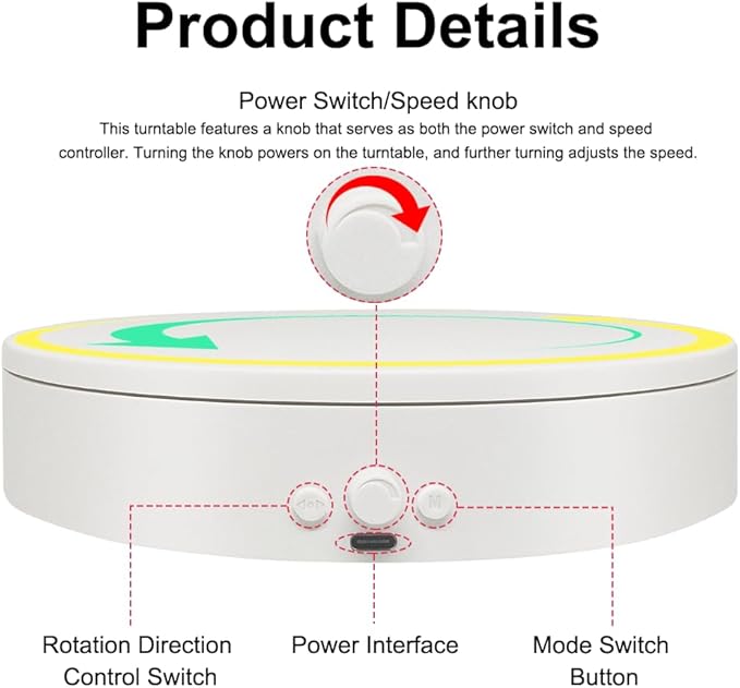 Rotating Display Stand with Type-C, 360 Motorized Spinning Display Turntable Adjustable Speed and Direction, Cup Turner for Tumblers, Photography Lazy Susan for Jewerly Display (white, 4.53'')