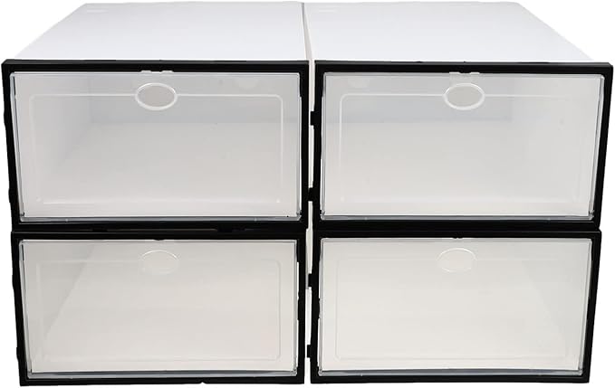 Men's Shoe Storage Boxes 4 Pack Plastic Storage Bins Black Frame for Home Sturdy and Space-saving