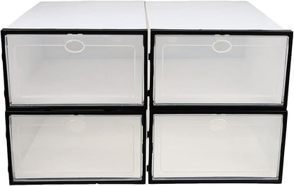 Men's Shoe Storage Boxes 4 Pack Plastic Storage Bins Black Frame for Home Sturdy and Space-saving