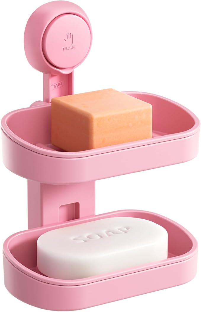 TAILI Soap Holder Soap Dish for Shower, Suction Cup Soap Holder for Shower Wall, Bathroom Accessories, Removable Strong Hold Soap Saver, Drill Free, Pink 2 Layer