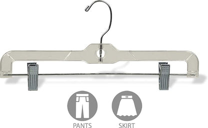 Clear Plastic Kids Bottom Hanger with Adjustable Cushion Clips, Small 12 Inch Pant Hangers with 360 Degree Chrome Swivel Hook (Set of 100)