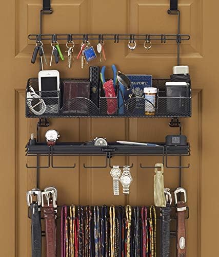 Over The Door/Wall Hanging Men's Tie and Belt Rack Organizer Valet Patented in Black 43 Hooks for Men’s Organization