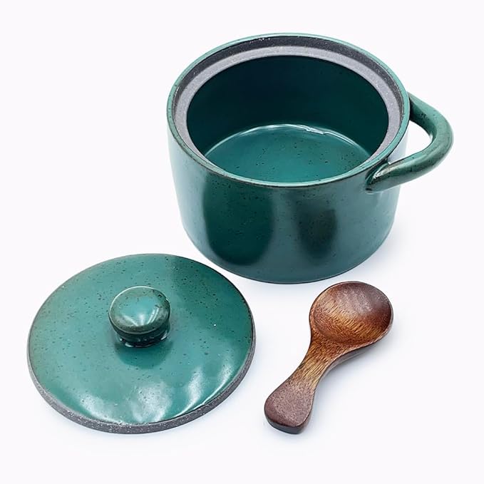 12 oz Ceramic Salt Cellar with Lid & Wooden Spoon,Countertop Salt Container,Sugar Bowl,Spices Jar| Artisan Kitchen Decor(Blue)