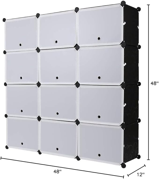 Shoe Rack Organizer, 12 Cube 7 Tier Covered Shoe Storage Cabinet 48 Pairs Freestanding DIY Shoe Shelves Plastic Shoes Rack for Closet Entryway Hallway Bedroom (Black)