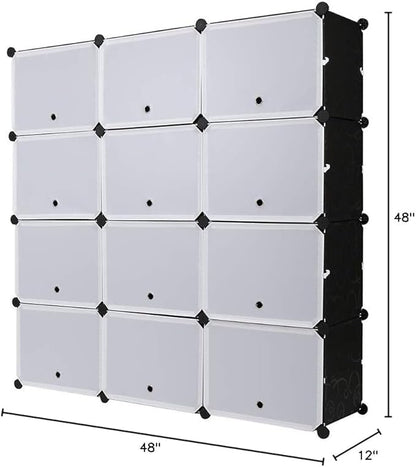 Shoe Rack Organizer, 12 Cube 7 Tier Covered Shoe Storage Cabinet 48 Pairs Freestanding DIY Shoe Shelves Plastic Shoes Rack for Closet Entryway Hallway Bedroom (Black)