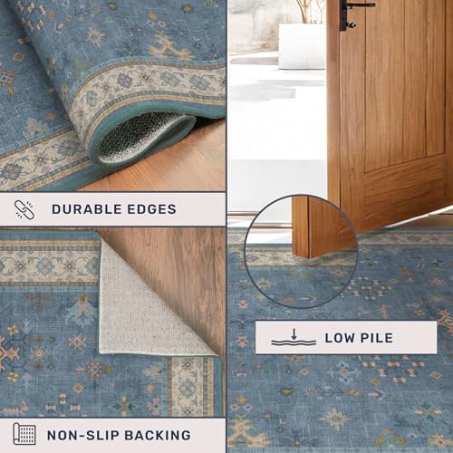 Washable 4x6 Small Rug for Living Room, Area Rug for Kitchen, Bedside, Large Entryway Indoor - Stain Resistant Non Slip with Rubber Backing, Unique Floral Aethestic Décor, Light Blue & Aqua - Image 5