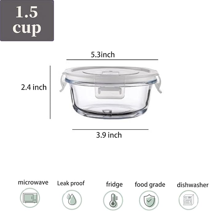 12oz Round Glass Food Containers With Lids, Small Round Glass Meal Prep Containers set,1.5 Cup Small Clear Food Storage Bowls BPA-Free, Microwave, Dishwasher, Freezer Safe（White）