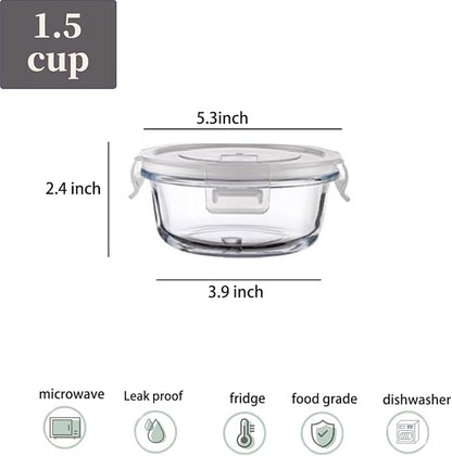 12oz Round Glass Food Containers With Lids, Small Round Glass Meal Prep Containers set,1.5 Cup Small Clear Food Storage Bowls BPA-Free, Microwave, Dishwasher, Freezer Safe（White）