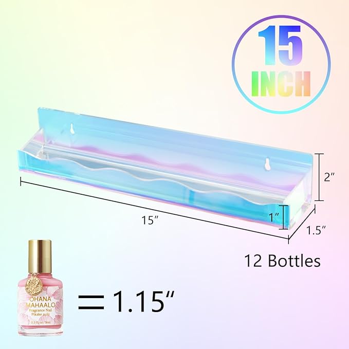 BTremary 15" Nail Polish Rack Wall Mounted Floating Shelves Acrylic Paints Gel Polish Organizer and Storage with End Caps for Kid Room, Books, Nail Techs, Art Lovers, Great Display Salons, Rainbow