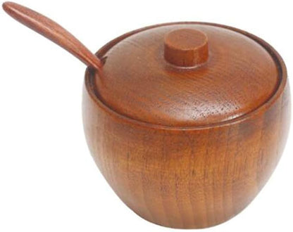 Wood Salt Box Condiment Container Spice Jar Bamboo Salt Sugar Cellar Bowl with Lids and Spoons for Kitchen (Wood)