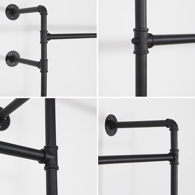 Wall Mounted Industrial Pipe Clothing Rack Garment Racks Pipeline Vintage Rolling Rack On Wall, Heavy Duty Rustic Gold Metal Garment Frame for Bedroom, Living room (Black)