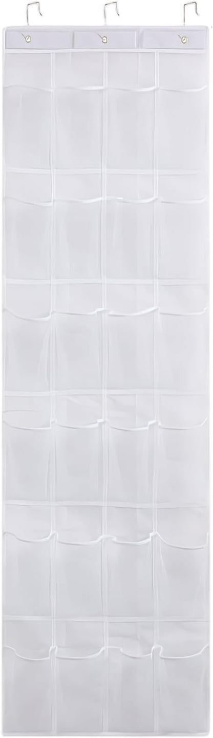 White Shoe Hanger for Door 24 Mesh Pocket Over the Door Shoe Organizer Space Saving Hanging Storage Holder with Hooks 64x19 Inch