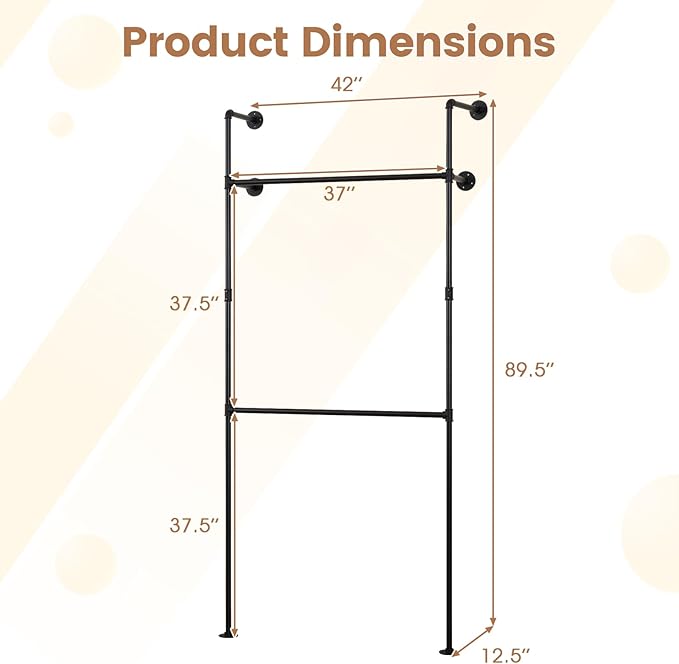 Giantex Industrial Pipe Clothing Rack, 42" Wall Mounted Heavy-Duty Metal Garment Organizer with 2 Hanging Rods, 2-Tier Walk-in Closet System for Wardrobe Closet, Retail Display