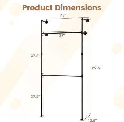 Giantex Industrial Pipe Clothing Rack, 42" Wall Mounted Heavy-Duty Metal Garment Organizer with 2 Hanging Rods, 2-Tier Walk-in Closet System for Wardrobe Closet, Retail Display