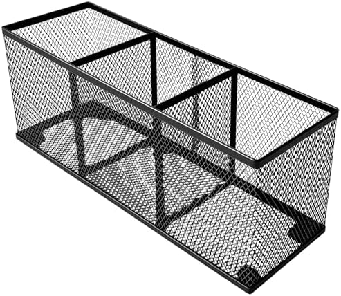 Metal Mesh Pencil Holder, Spacious 3-Compartment Desk Organizer for Pens, Makeup Brushes, Utensils, Multipurpose Office, School ,Kitchen, Home Desktop Storage, 10.43 x 3.35 x 4.04 Inches, Black by Wenkedigi