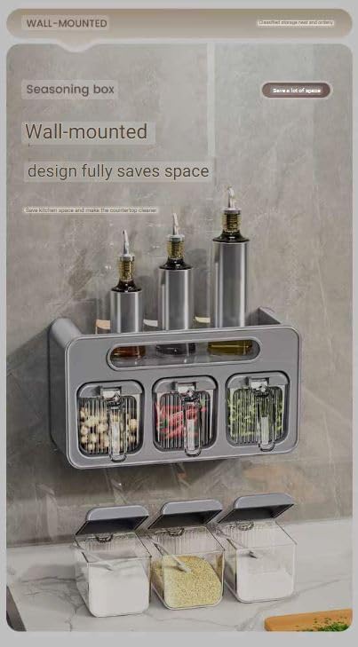 Spice Box, Wall Mounted Spice BoxHousehold Kitchen Seasoning Box,Bottle Kitchen Spice Spot for Sugar Food Storage, 3 Grids White Wall-Mounted Seasoning jar Set Combination,good