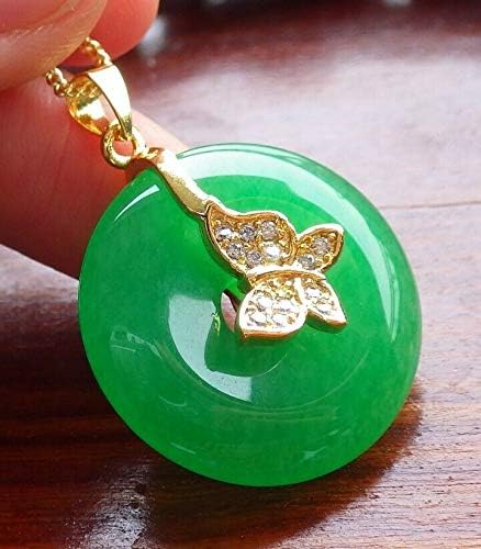 Yellow Gold Plate Green JADE Pendant Circle leaf Chain Diamond Imitation 101478, 24mm X 5mm