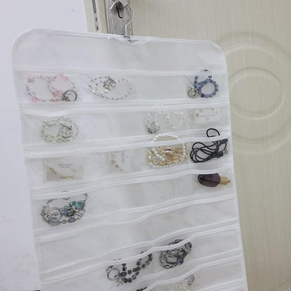 Hanging Jewelry Organizer Pockets Canvas Double Sided Rotating Hanger Necklace Hanging Wall Organizer Jewelry Roll for Earrings, Necklaces,Sunglasses,rings (80-Pocket WHITE)