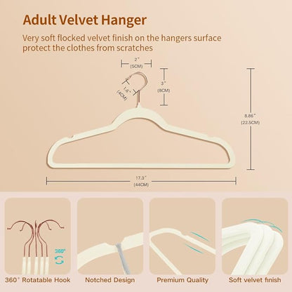 Stormix 36 Pack Velvet Hangers, 17.3 x 8.9 Inches Clothes Hangers, Non Slip Dresses Hangers with Shoulder Notches for Adult Cream - Rose Gold Hook