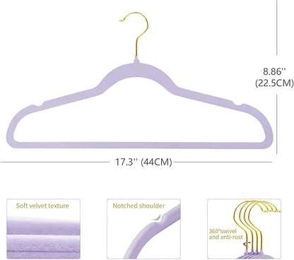 ManGotree Velvet Coat Hangers with 360° Swivel Gold Hook, Non-Slip Felt Suit Hangers, Ultra-Thin Space Saving Clothes Hanger for Jacket, Sweater, Shirt, Dress, Pants (22 Pack, Purple)