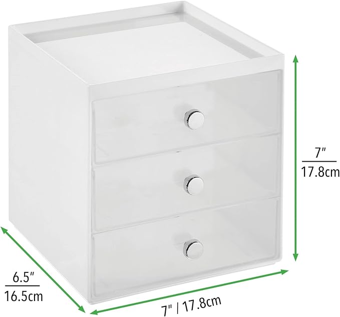 mDesign Makeup Organizer Storage Station Cube with 3 Drawers for Bathroom Vanity, Cabinet, Countertops - Holds Lip Gloss, Eyeshadow Palettes, Brushes, Blush, Mascara - White/Clear