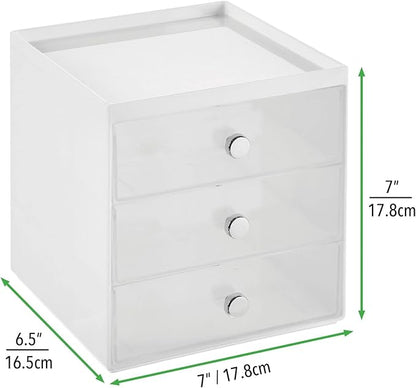 mDesign Makeup Organizer Storage Station Cube with 3 Drawers for Bathroom Vanity, Cabinet, Countertops - Holds Lip Gloss, Eyeshadow Palettes, Brushes, Blush, Mascara - White/Clear