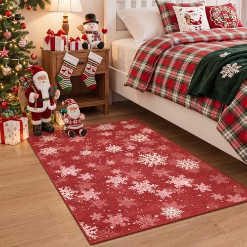 2x3 Christmas Doormat for Entryway, Washable Christmas Rugs Bathroom，Snowflake Front Porch Runner Rug，Non-Slip Red and White Christmas Decor Indoor(2'x3', Red/White) - Image 4