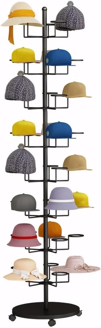 8 Tier Hat Rack with 40 Hooks for Hanging Hats or Wigs, Freestanding Hat Rack Stand, Metal Hat Organizer Rack, Rolling Retail Hat Display Rack for Home/Store (Black,8 Tier)