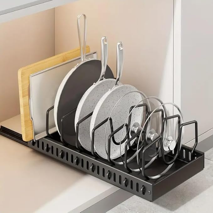 AmoiChic 2 Pack Pull Out Cabinet Organizer for Pots and Pans, Black Storage Rack with 8 Adjustable Dividers, Kitchen Cabinet Organizer for Pot Lids, Bakeware, Dishes Storage