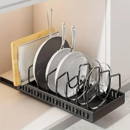 AmoiChic 2 Pack Pull Out Cabinet Organizer for Pots and Pans, Black Storage Rack with 8 Adjustable Dividers, Kitchen Cabinet Organizer for Pot Lids, Bakeware, Dishes Storage