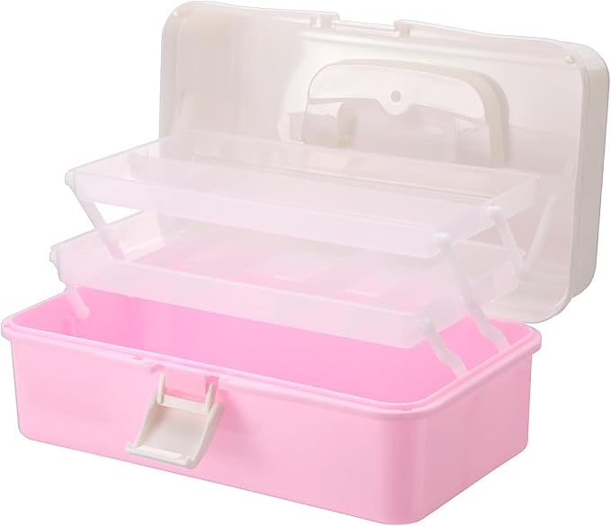 Hipiwe Plastic Hair Accessories Organizer Three-layer Folding Craft Organizer with Dividers Home Utility Case with Handle for Hair Tool Nail Art Tool Makeup, Pink