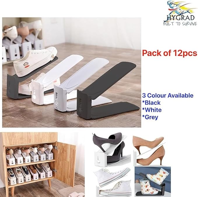HYGRAD® 12 Pack Shoe Organiser Slots 3 Level Height Adjustable Shoe Organising Holders Space Saving For Shoes Suitable For All Shoes Shoe Rack Organiser (Black)