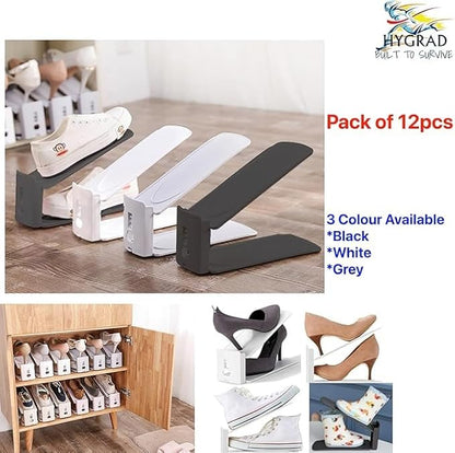 HYGRAD® 12 Pack Shoe Organiser Slots 3 Level Height Adjustable Shoe Organising Holders Space Saving For Shoes Suitable For All Shoes Shoe Rack Organiser (Black)