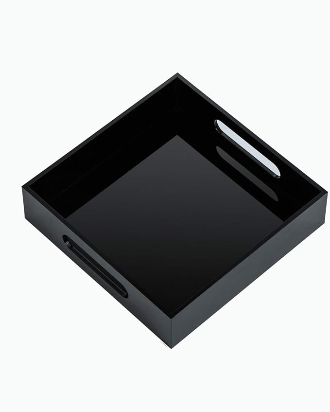 KEVLANG Black Sturdy Acrylic Tray with Handles-8x8 Inch- Countertop Organizer Tray for Kitchen,Bathroom,Office- Storage Box for Cosmetics, Jewelry,Toiletries,Toy,Gadgets