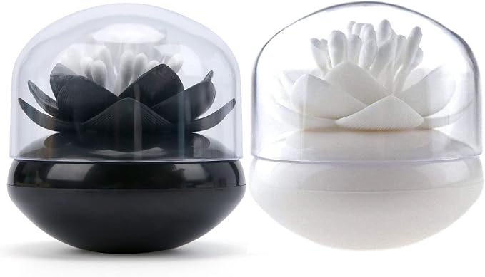 Bloss 2 Pack Qtip Holder Dispenser with Lid Lotus Cotton Swab Holder Cotton Swabs Bud Small QTips Box Toothpicks Holder Flower Bathroom Decor (Black + White)…