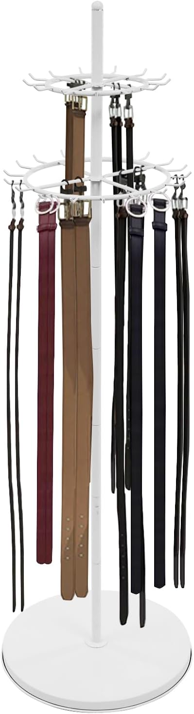Floor Standing Belt Display, Tie Rack Floor Mounted Belt Hanger Belt Display Shelf Purse Hanger Stand Scarf Stand Adjustable Feet for Home, Boutiques, Clothing Stores, Retail Stores (White)