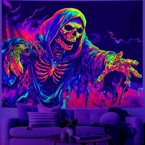 Blacklight Halloween Tapestry Horror Moon Night Scary Cemetery Pumpkin Lantern Halloween Tapestry Wall Hanging Skull Horror Poster Banners for Bedroom Livingroom (Skull man, 79L" x 59W", Unframed) by BVBOX